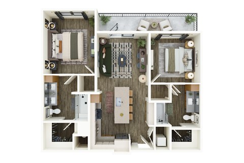 A top-down view of a small apartment with a living room, kitchen, and bedroom.